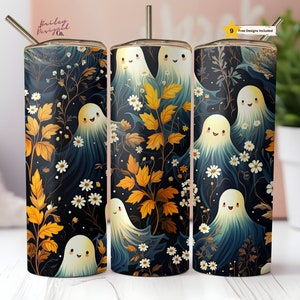 Cute Spooky Ghosts 20 oz Skinny Tumbler Sublimation Design Digital Download PNG Instant DIGITAL ONLY,  Floral Fall Halloween Tumbler Wrap