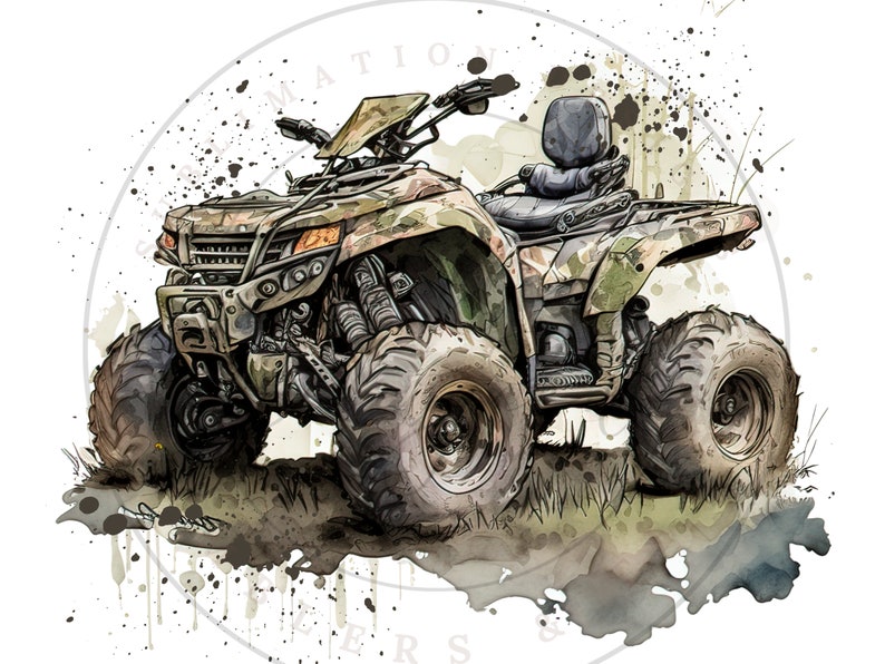 May include: Watercolor illustration of an all-terrain vehicle (ATV) in camouflage colors. The ATV has large, rugged tires and a seat. Splatter effects in shades of brown and gray surround the vehicle, suggesting a muddy environment. The ATV is designed for off-road use.