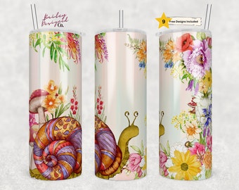 Snail 20 oz Skinny Tumbler Sublimation Design Digital Download PNG Instant DIGITAL ONLY, Wildflower Cottagecore Tumbler, Mushrooms Tumbler
