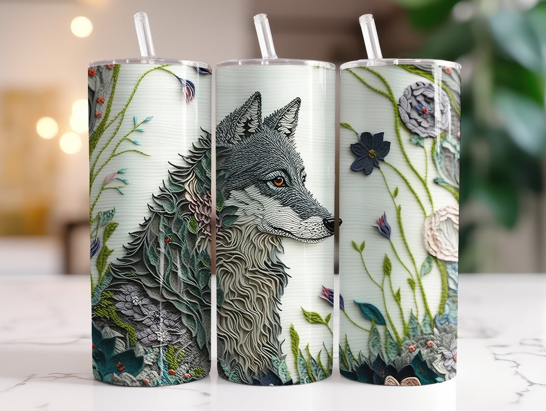 Embroidered Wolf 20 Oz Skinny Tumbler Sublimation Design Digital ...