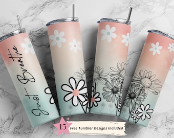 Vaso flaco de 20 oz Plantillas de diseño de sublimación Just Breath, Vaso de flor de margarita inspirador Descarga digital PNG recta