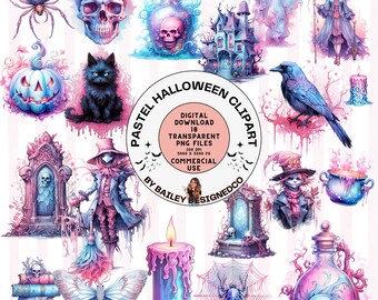 Pastelloween Clipart PNG Set, 18 Halloween clipart, commercial use clip art, watercolor design, PNG pastel Pastel Goth theme illustrations