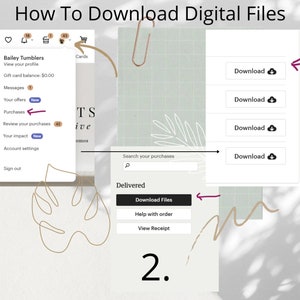 Pu&ograve; includere: Una guida digitale intitolata "Come scaricare file digitali" mostra i passaggi per scaricare i file dopo l'acquisto. La guida include screenshot dell'interfaccia Etsy, evidenziando la sezione "Acquisti" e il pulsante "Scarica file".