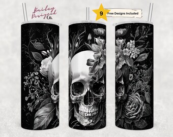Black and White Tattoo Floral Skull 20 oz Skinny Tumbler Sublimation Design Digital Download PNG Instant DIGITAL ONLY, Skeleton Tumbler
