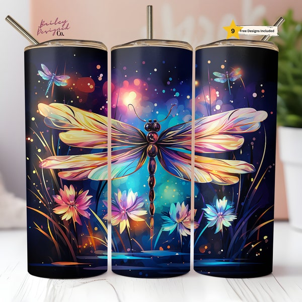 Neon Dragonflies 20 oz Skinny Tumbler Sublimation Design Digital Download PNG Instant DIGITAL ONLY, Dragonfly Tumbler Wrap
