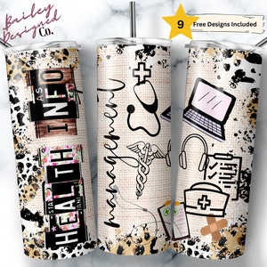 Health Info Management 20 oz Skinny Tumbler Sublimation Medical Wrap Design For Straight Tumbler, PNG, Digital, Rustic Collage Design