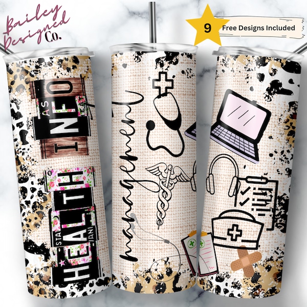 Health Info Management 20 oz Skinny Tumbler Sublimation Medical Wrap Design For Straight Tumbler, PNG, Digital, Rustic Collage Design