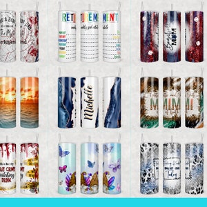 May include: Ten different designs for sublimation tumblers. The designs include a sunset over the ocean, a marble pattern, a baseball design, a glitter design, a true crime design, a butterfly design, a leopard print design, and a retirement design.