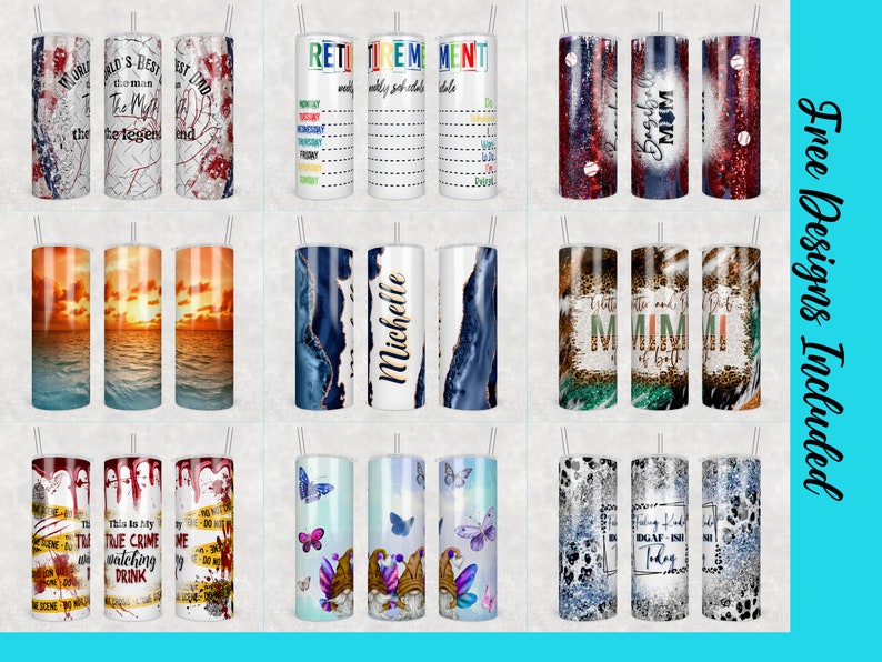 May include: Ten different designs for sublimation tumblers. The designs include a sunset over the ocean, a marble pattern, a baseball design, a glitter design, a true crime design, a butterfly design, a leopard print design, and a retirement design.