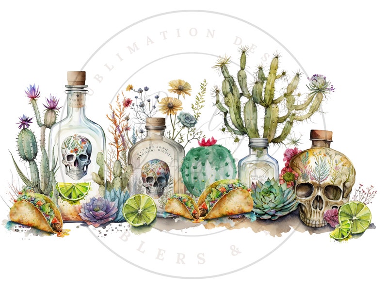 Pode incluir: Pintura em aquarela de uma natureza morta com tr&ecirc;s garrafas de vidro com rolhas em forma de caveira, decoradas com padr&otilde;es florais. As garrafas s&atilde;o cercadas por cactos, suculentas e limas. A cena se passa em um fundo branco.