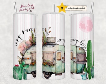 Camp More Worry Less 20oz Skinny Tumbler Camper PNG Sublimation Design, Camper tumbler Print Straight PNG File Digital Download