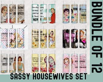 Sarcastic Retro Housewife 20 oz Skinny Tumbler Sublimation Designs Bundle, Set of 12 Digital Downloads PNG Instant DIGITAL ONLY, Funny Moms