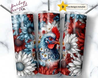 Könnte beinhalten: Drei Edelstahlbecher mit einem Blumendesign mit roten, weißen und blauen Blumen. Der mittlere Becher hat einen blauen und roten Hahn in der Mitte des Designs.