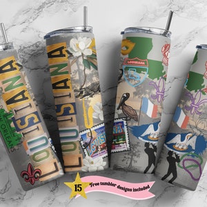 Louisiana 20oz Skinny Tumbler PNG Sublimation Design, Print Straight PNG File Digital Download, Travel Design, State Collage Design