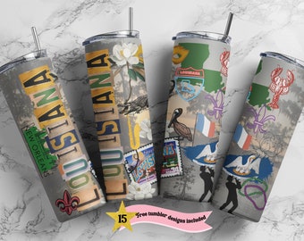 Louisiana 20oz Skinny Tumbler PNG Sublimation Design, Print Straight PNG File Digital Download, Travel Design, State Collage Design