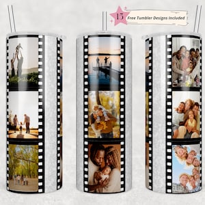 May include: A white tumbler with a silver glitter finish and black film strips around the sides. The tumbler features a collage of family photos.
