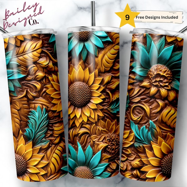 3D Tumbler Wrap 20 oz Skinny Tumbler Sublimation Design Digital Download PNG Instant DIGITAL ONLY, Rustic Tooled Leather Sunflower Tumbler