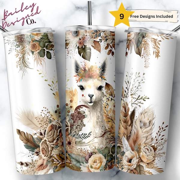 Boho Floral Llama 20 oz Skinny Tumbler Sublimation Design Digital Download PNG Instant DIGITAL ONLY, Cute Llama Tumbler