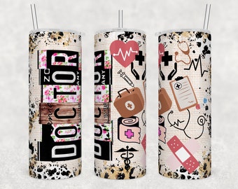 May include: Three stainless steel tumblers with a white background and black splatter paint. The tumblers feature a variety of medical-themed designs, including a heart, a stethoscope, a bandage, and a first aid kit. The text "Doctor" is featured on one of the tumblers.