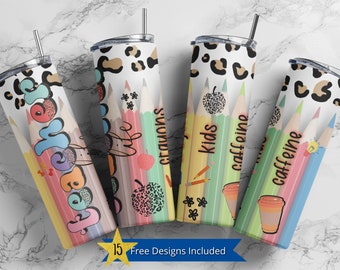 May include: Set of four colorful stainless steel tumblers with a leopard print design and colorful pencils. The tumblers feature the text "Teacher Life", "Kids", "Caffeine", and "Caffeine".