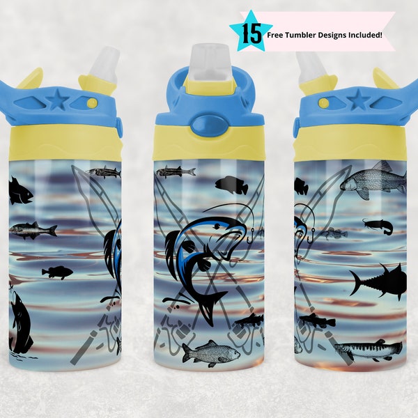 Lake Fishing tumbler png wrap | Fishing Sublimation Digital Download| Kids Water Bottle 12 oz skinny straight | Fish tumbler design