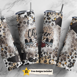 20oz Skinny Tumbler Cheer Mom Leopard Cow Print Designs Template Straight PNG File Download cheerleading mom sport tumbler design