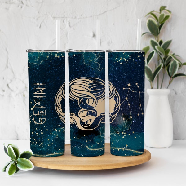 Celestial Zodiac Tumbler Glitter 20 oz Skinny Tumbler Sublimation Design Straight Design Digital Download PNG Gemini Twins Astrological Sign