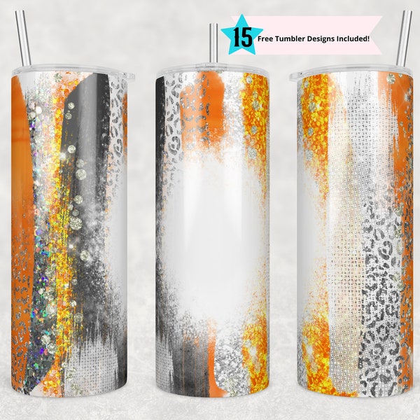 20oz Skinny Tumbler Blank Grey Orange Leopard Glitter Sublimation Design Templates, Sparkly, Straight PNG Digital Download Brushstokes