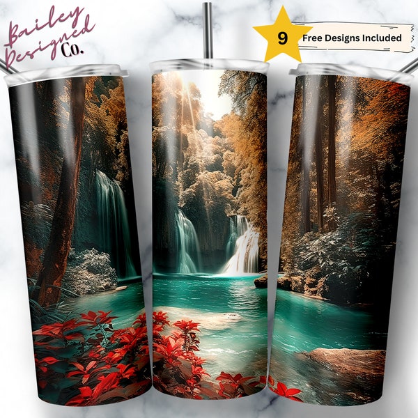 Cascade de forêt 20 oz Skinny Tumbler Sublimation Design Digital Download PNG Instant DIGITAL ONLY, Nature Waterfalls Tumbler