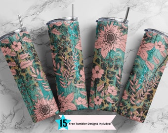 Rustic Floral Boho Sublimation Design, Tumbler, Sublimation, Digital, Design, Leopard, Printable, PNG, 20 oz Skinny Straight, Turquoise