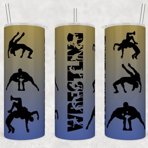 20oz Skinny Tumbler Wrestling Blue and Gold Sublimation Designs Template Straight PNG File Download - Wrestling Sport