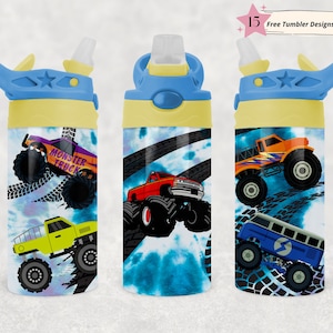Trucks tumbler png wrap | Sublimation Digital Download | Kids Water Bottle 12 oz skinny straight design | Childrens Truck Design
