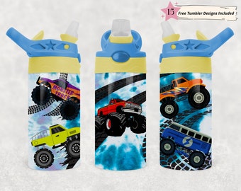 Trucks tumbler png wrap | Sublimation Digital Download | Kids Water Bottle 12 oz skinny straight design | Childrens Truck Design
