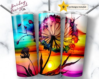 Alcohol Ink Dandelion 20 oz Skinny Tumbler Sublimation Design Digital Download PNG Instant DIGITAL ONLY, Watercolor Floral Print Wrap
