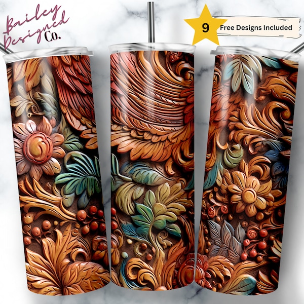 3D Tumbler Wrap Tooled Leather 20 oz Skinny Tumbler Sublimation Design Digital Download PNG Instant DIGITAL ONLY, Rustic Leather Tumbler