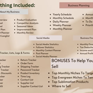 May include: A graphic with the text "Everything Included" and a list of business planning, social media, tracker, lists, logs & forms, business finances, and bonuses to help you sell. The graphic is on a beige background with a shadow effect.