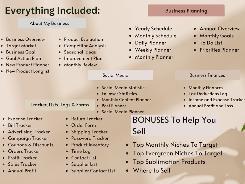 May include: A graphic with the text "Everything Included" and a list of business planning, social media, tracker, lists, logs & forms, business finances, and bonuses to help you sell. The graphic is on a beige background with a shadow effect.