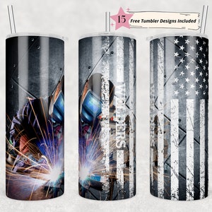 May include: Three stainless steel tumblers with different designs. The first tumbler features a welder working on metal with sparks flying. The second tumbler has a distressed American flag design with the words "Welders" in white text. The third tumbler has a distressed American flag design.