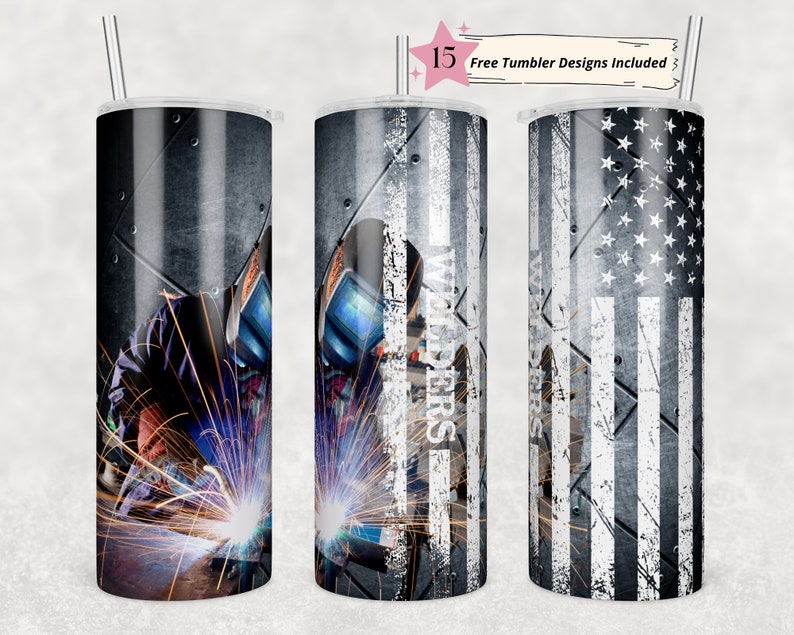 May include: Three stainless steel tumblers with different designs. The first tumbler features a welder working on metal with sparks flying. The second tumbler has a distressed American flag design with the words "Welders" in white text. The third tumbler has a distressed American flag design.