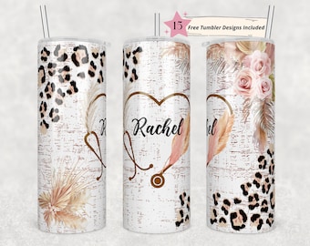 customized gift paper Nurse 20 oz Skinny Tumbler Sublimation Leopard Boho Nurse Wrap Design For Straight Tumbler, PNG File, Digital, Personalized, Custom