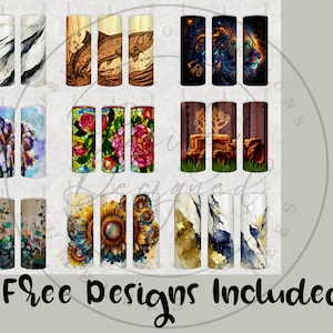 Pu&ograve; includere: Una collezione di nove design per tumbler, ognuno con opere d'arte uniche. I design includono motivi marmorei, illustrazioni di pesci, un leone, composizioni floreali, un trattore, piante grasse, girasoli e design astratti oro e blu. &Egrave; presente anche il testo "9 Free Designs Included".