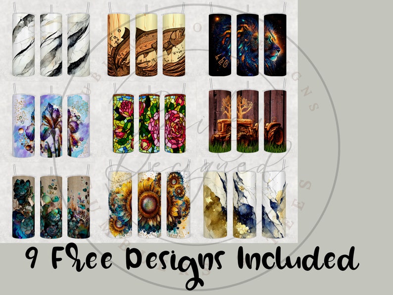 Pu&ograve; includere: Una collezione di nove design per tumbler, ognuno con opere d'arte uniche. I design includono motivi marmorei, illustrazioni di pesci, un leone, composizioni floreali, un trattore, piante grasse, girasoli e design astratti oro e blu. &Egrave; presente anche il testo "9 Free Designs Included".
