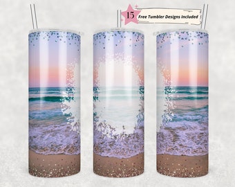20oz Skinny Tumbler Beach Summer Ocean PNG Sublimation Design Blank Template, Sand Glitter Straight PNG Digital Download, Add Own Quote