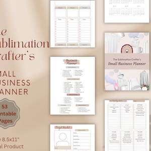 May include: A printable small business planner with 53 pages, designed for sublimation crafters. The planner includes sections for business overview, target market, monthly checklists, and more. The cover features a rainbow and various sublimation items.