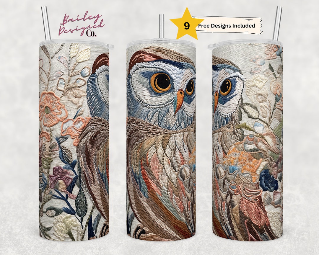 Embroidered Owl 20 Oz Skinny Tumbler Sublimation Design Digital ...