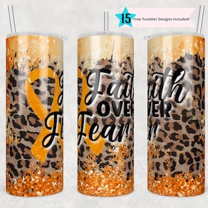 20 oz Skinny Tumbler Sublimation Leukemia Awareness Ribbon Leopard Cancer Orange Straight Design Digital Download PNG tumblers