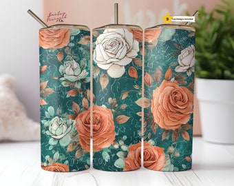 Seamless Shabby Chic 20 oz Skinny Tumbler Sublimation Design Digital Download PNG Instant, Rustic Boho Rose Scrapbook Tumbler Wrap