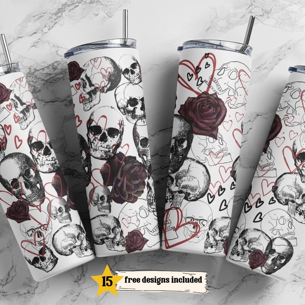 Gothic Skulls and Hearts 20 oz Skinny Tumbler Valentine Sublimation Design PNG Instant DIGITAL ONLY, Valentine Skeleton png