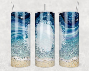 20 oz Skinny Tumbler Blank Ocean Beach Crashing Waves Glitter Straight Sublimation Design PNG Instant DIGITAL ONLY