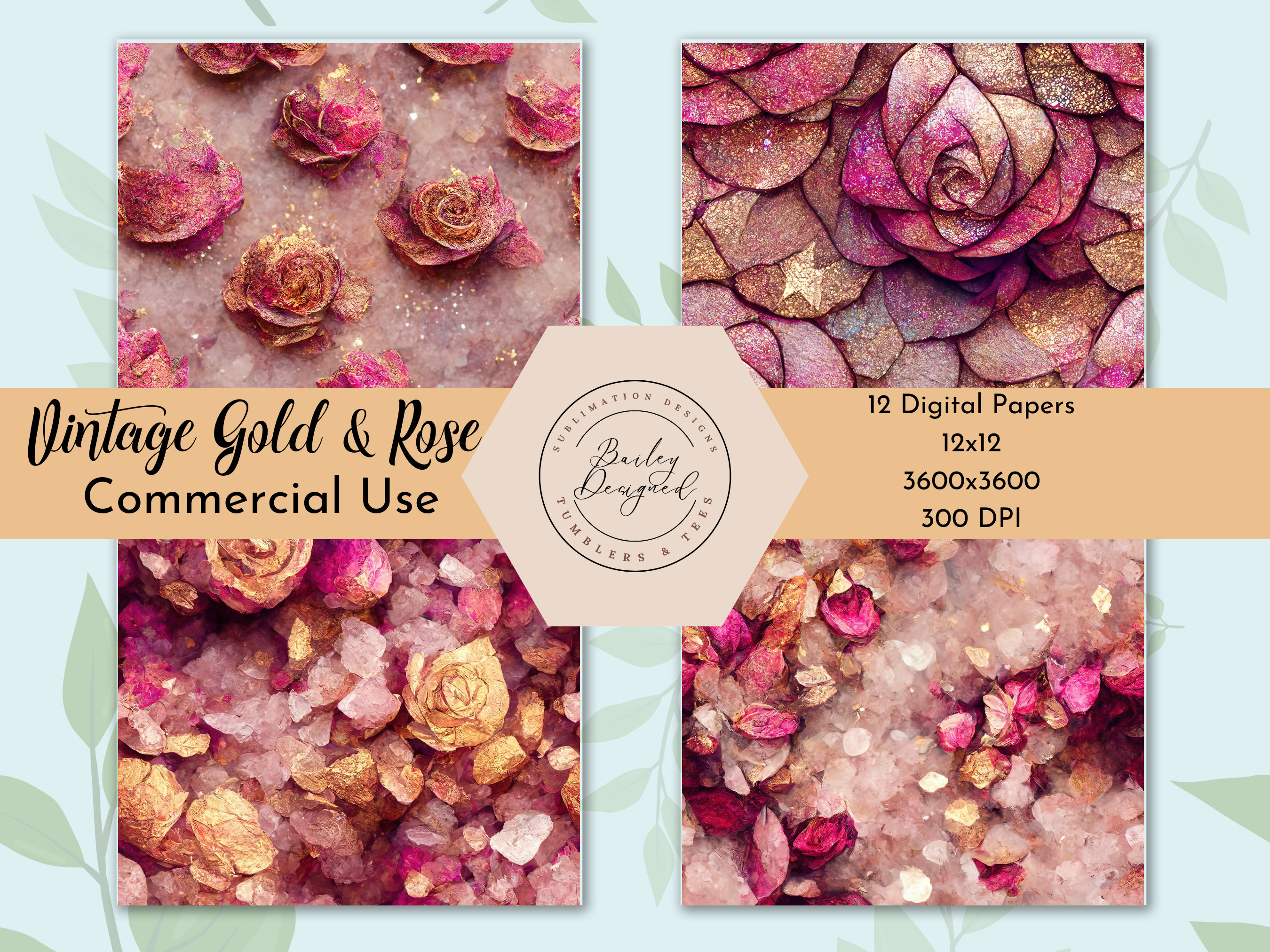 Vintage Gold Foil & Rose Glitter Digital Paper, Seamless Gold Foil ...